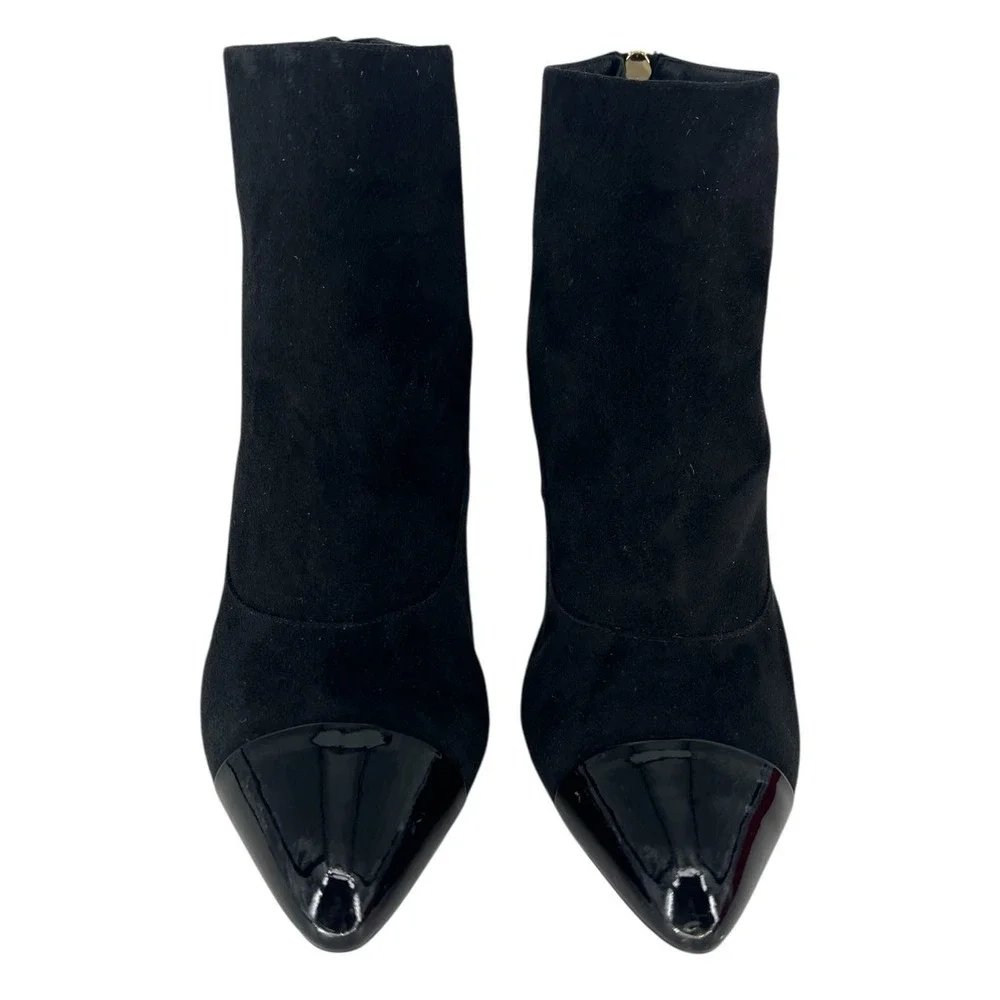 Chanel 2020 CC Suede Pearl Heel Cap Toe Logo Boots Black Size 40.5‎